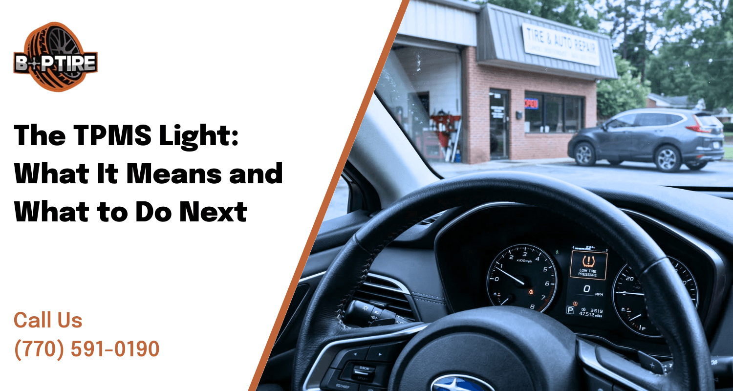 Tire pressure warning light on a car dashboard near a local tire and auto repair shop