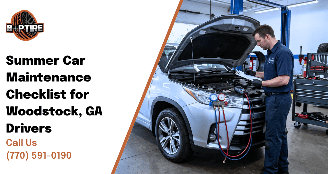 Summer car maintenance checklist Woodstock GA inspection at B&P Tires and Automotive Repair before road trips