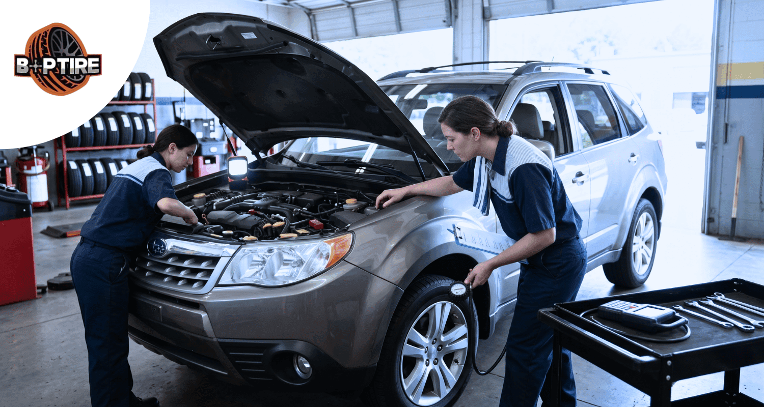 Back-to-school car maintenance Woodstock GA inspection of tires brakes battery fluids and lights at B&P Tires and Automotive Repair