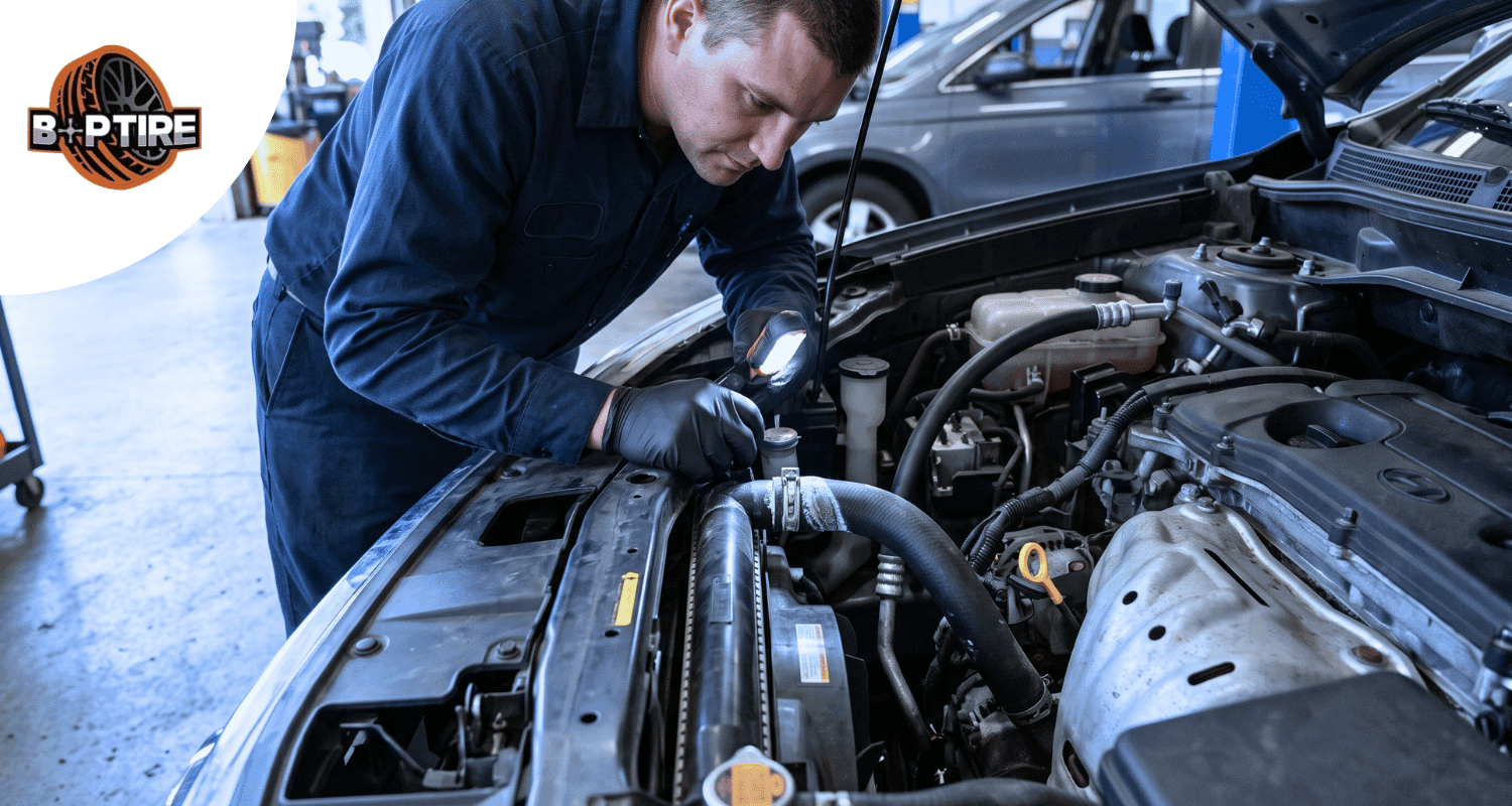 Post-summer car maintenance in Woodstock GA with a technician inspecting dried coolant residue around a cooling system hose connection
