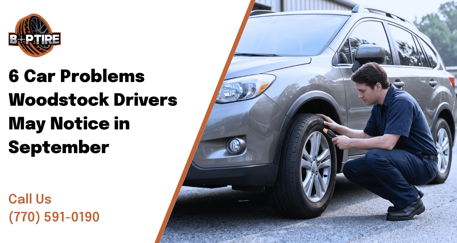 Post-summer car maintenance in Woodstock GA with a driver checking uneven tire wear after summer driving