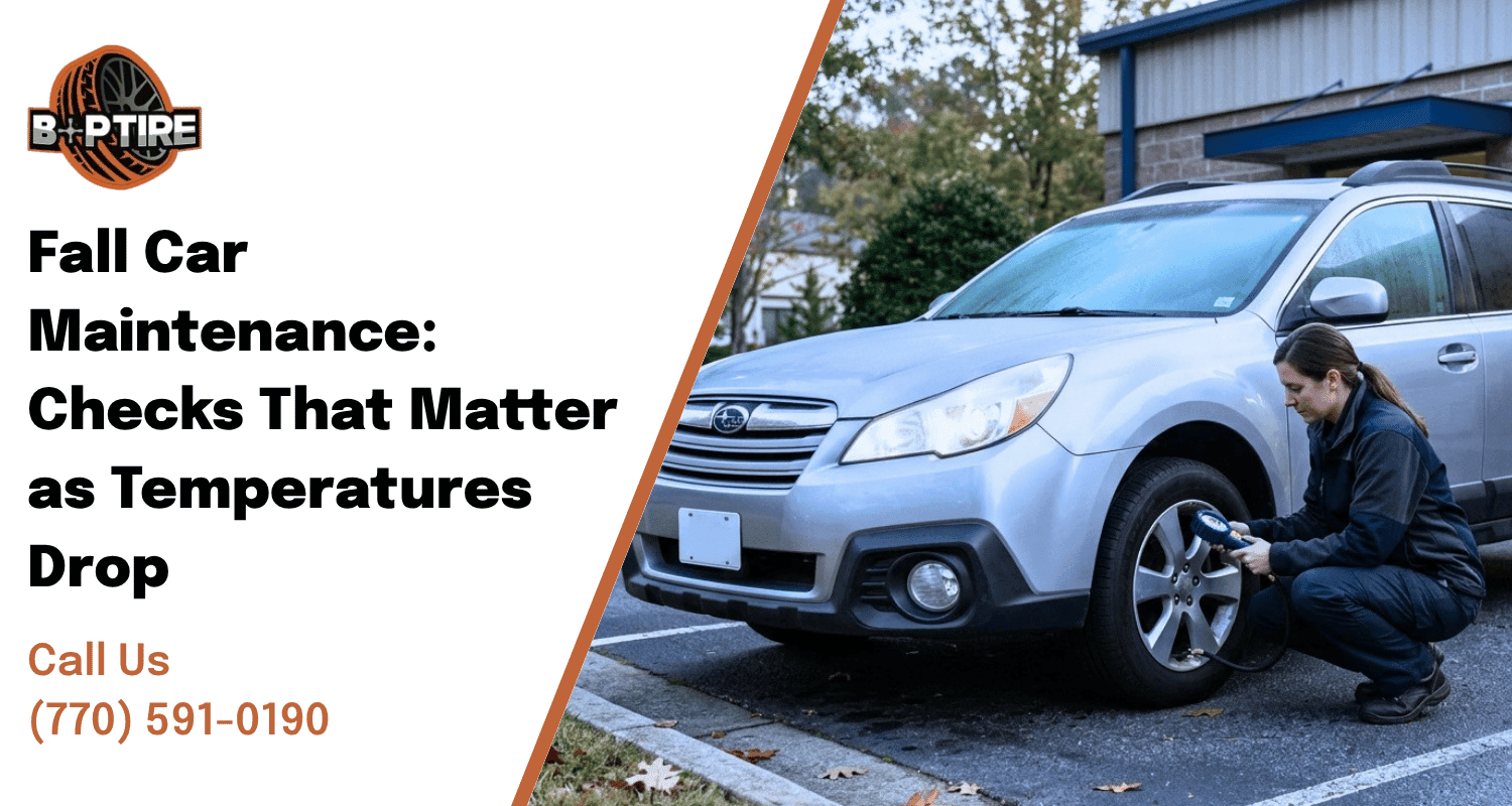 Fall car maintenance Woodstock GA with a technician checking cold tire pressure beside a vehicle with morning windshield condensation